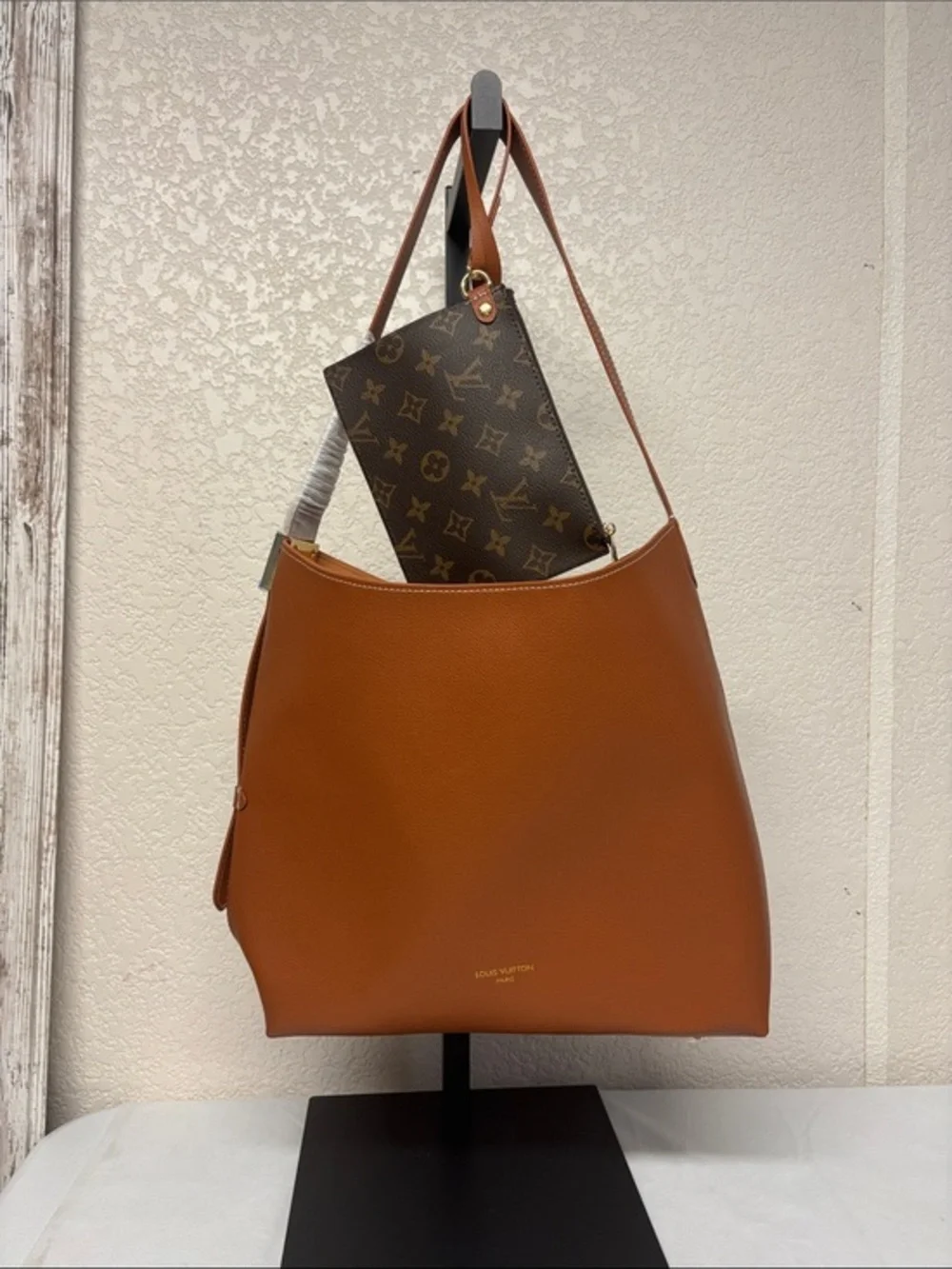 Large Shoulder Bag in Cognac Brown with Zip Monogram Wristlet